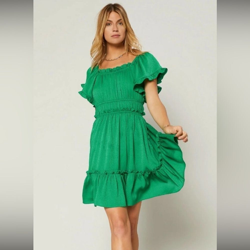 NWT ANTHROPOLOGIE CURRENT AIR Jacquard Ruffled Tiered Mini Green Women’s Size XS